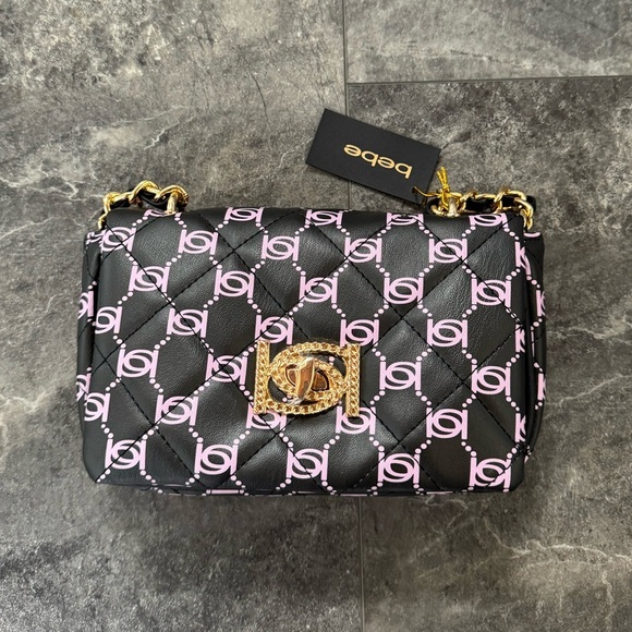 bebe Mini Monogram Crossbody Black And Pink Bag Purse NWT - Picture 1 of 5